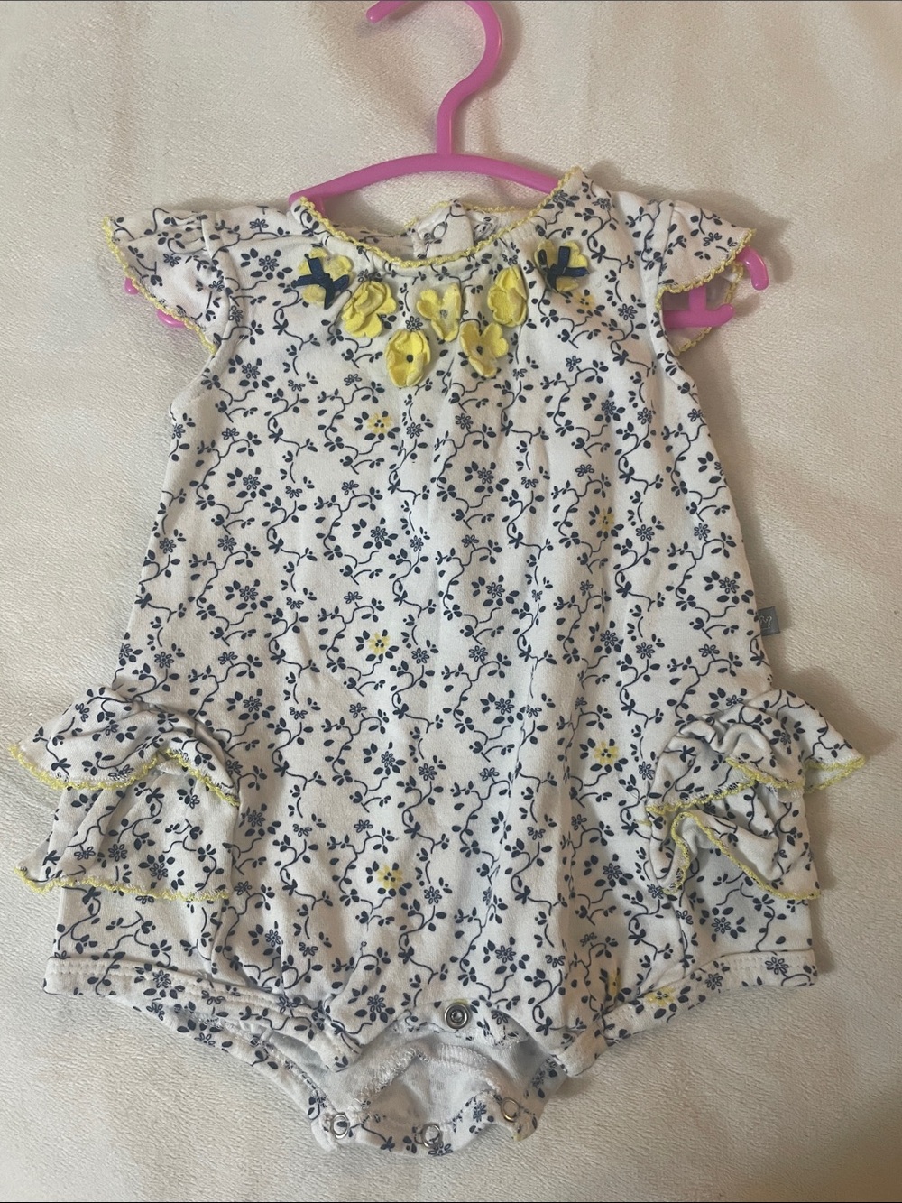 ⭐️Petit Lem White Floral Baby Romper with Yellow Trim